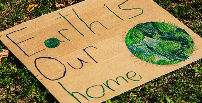  a cardboard sign that says earth is our home